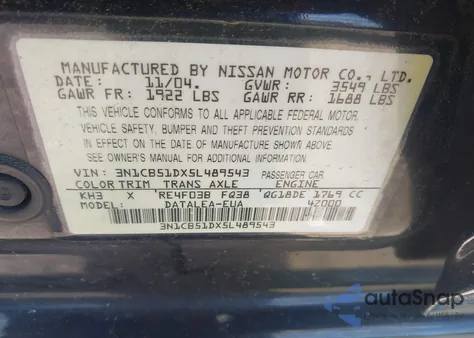 2005 Nissan Sentra 1.8S z USA, uszkodzony, nr VIN 3N1CB51DX5L489543